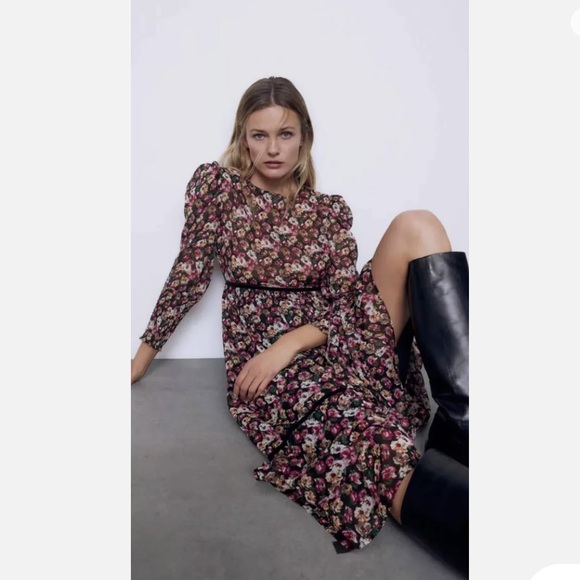 Zara midi floral long sleeves dress size XL fits L - Picture 2 of 10